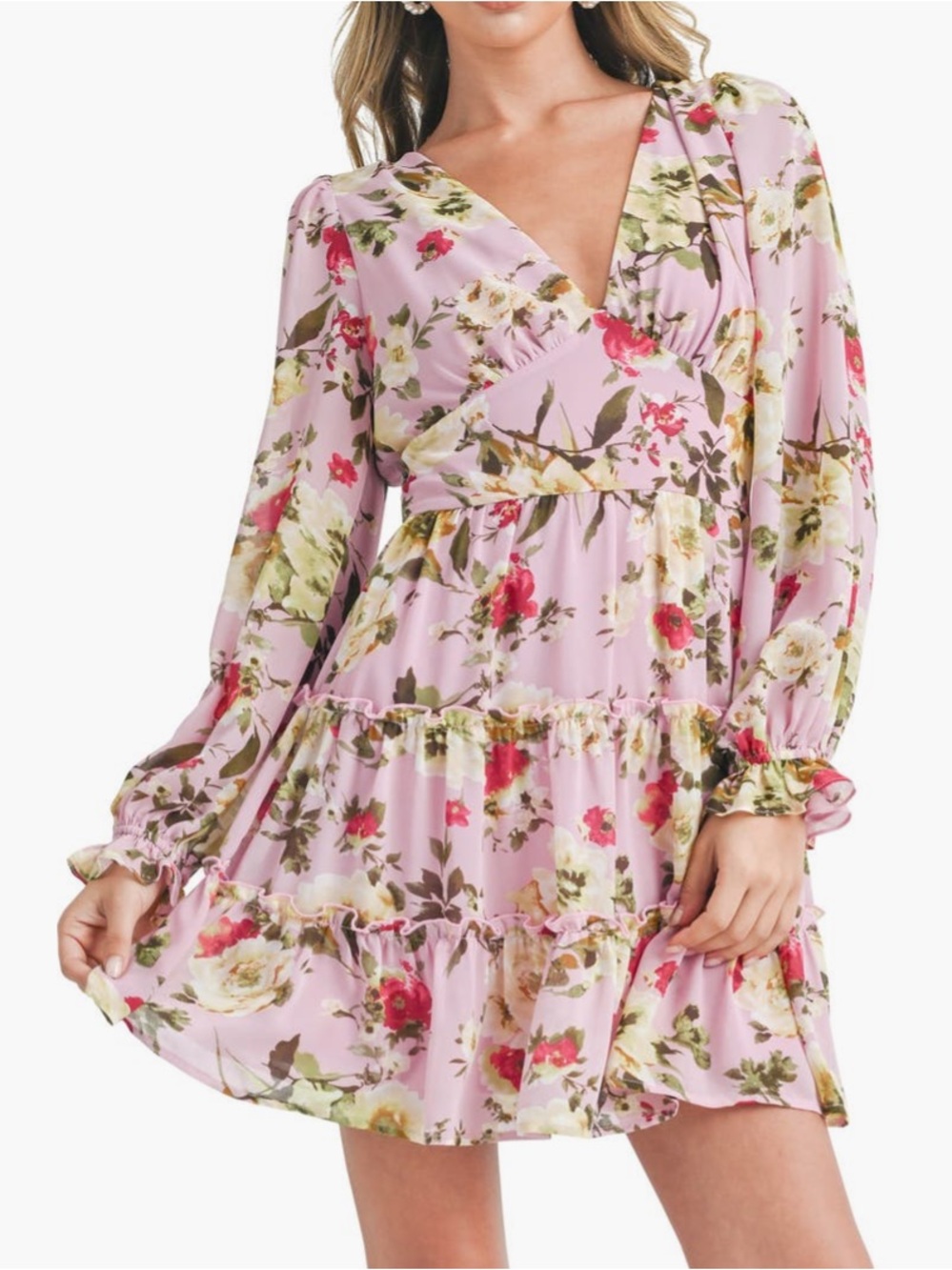 Lush Pink Floral Ruffle Tiered Mini Dress